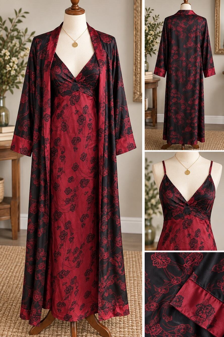 Vintage Cabernet Satin Nightgown Robe Set M Burgundy Black Floral 2 Piece Y2K